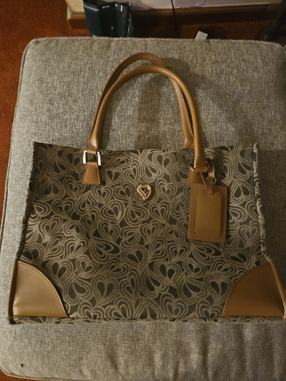 Diane Von Furstenberg, Large 18 x 13, Brown Canvas Carry On Tote Bag with Hearts
